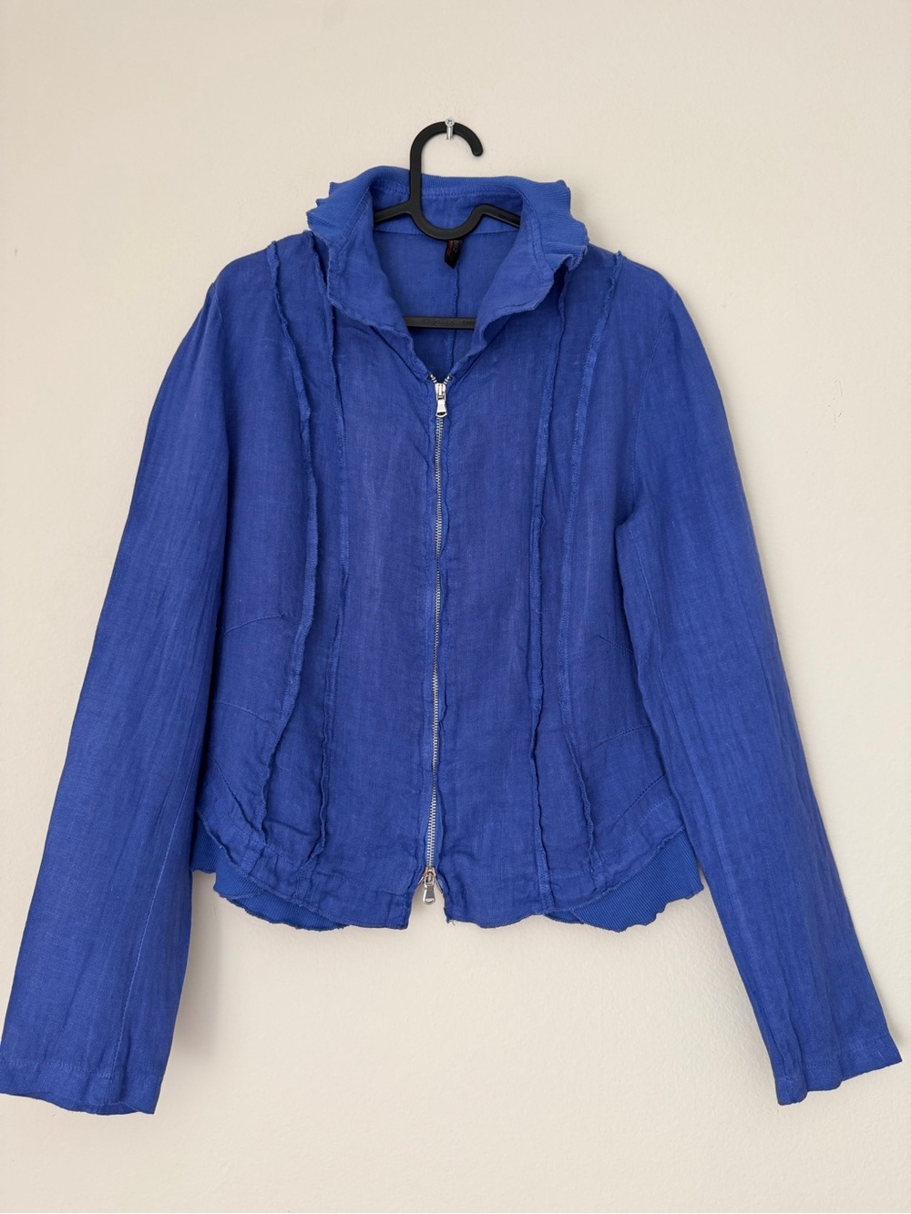 Inizio Made in Italy Blue Linen Blend Zip Up Jacket Raw Edge Size L